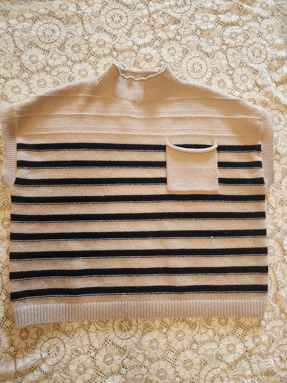 Grace Karin Cream and Black Striped Turtleneck Sleeveless Sweater